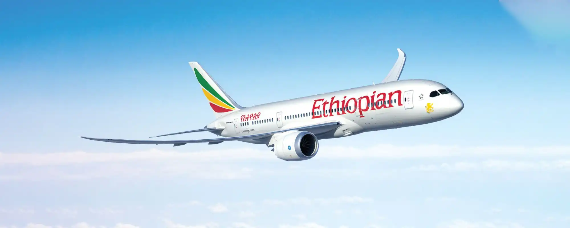 Un avion Ethiopian Airlines en plein vol sous un ciel bleu